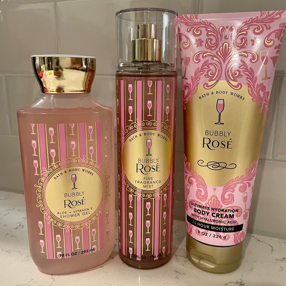 Bath & Body Works Bubbly Rosé Champagne Mist Spray Body Cream Shower Gel Spa Set